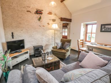 A living room with a grey sofa armchair rustic coffee table and TV at Nyth Y Wennol in Llanfachraeth