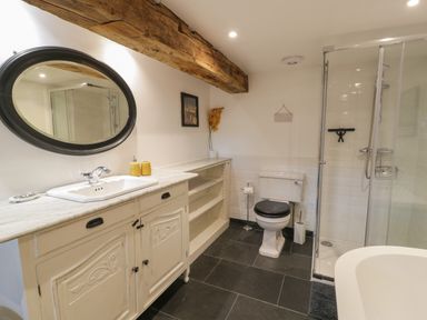 A bathroom with a sink cabinet and oval mirror a toilet and a shower enclosure at Nyth Y Wennol in Llanfachraeth