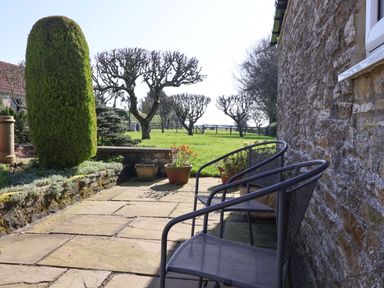 A garden with chairs and plants at Cartwheel Cottage in Yearsley