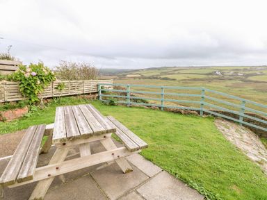 A wooden picnic table on a patio next to a grassy area with a blue fence and countryside view at Valley High in Solva