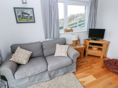 A living room with a gray sofa two cushions a wooden corner TV stand a lamp and a window at Valley High in Solva