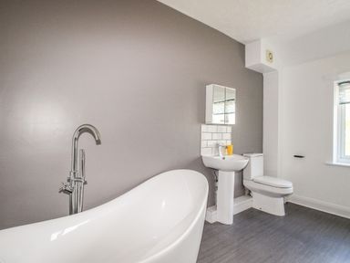 A bathroom with a freestanding bathtub sink with a mirror cabinet and toilet at The White Cottage in Weymouth