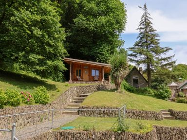 A wooden cabin surrounded by trees and grass at Old Maids Cottage in Woolacombe