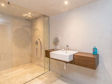 A bathroom with a walk-in shower a wall-mounted sink with a mirror and soap at The Boat House at Louper Weir in Bowness-On-Windermere