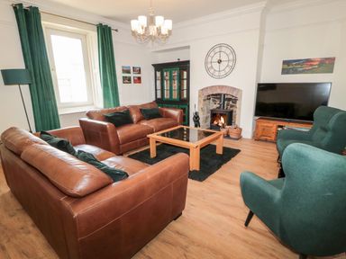 A living room with brown leather sofas green armchairs a fireplace and a TV at The Old Sweet Shop in Alnwick