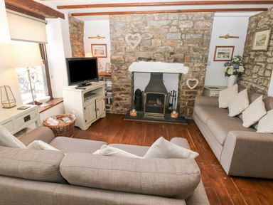 A living room with two sofas a stone fireplace and a television at Inglenook Cottage in Broad Haven