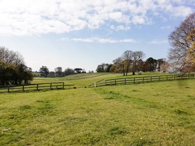 A green field with wooden fences and trees under a blue sky at 3 Painters Field in Quenington Near Cirencester