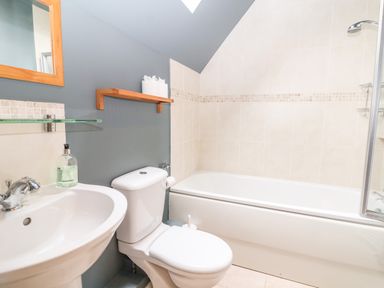 A bathroom with a toilet sink bathtub and mirror at 3 Painters Field Quenington Near Cirencester