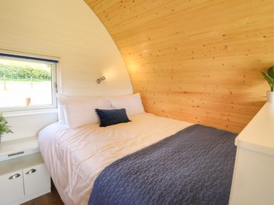 A bedroom with a bed white and blue bedding a window and wooden walls at Seren in Llandrindod Wells