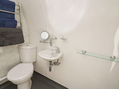 A small bathroom with a toilet sink mirror and glass shelf at Seren in Llandrindod Wells