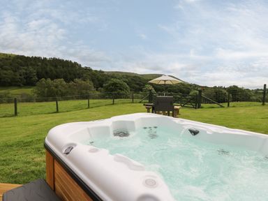 An outdoor hot tub on a grassy lawn with a picnic table and umbrella in the background at Seren in Llandrindod Wells