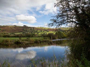 A river surrounded by trees and hills at Bwthyn Bach Brefi
