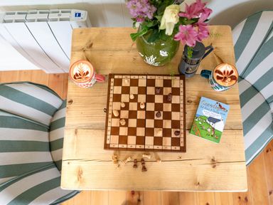 A wooden table with a chessboard and scattered chess pieces two cups of coffee a green vase with flowers a French press and a booklet between two striped upholstered chairs at Onnen in Oakford near Aberaeron