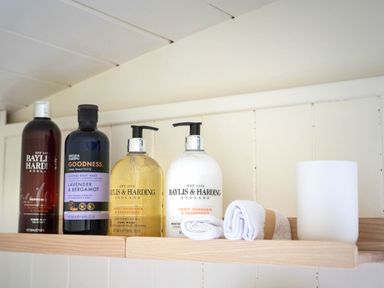 A wooden shelf with bottles of Baylis Harding body wash hand wash and lotion towels and a white cup at Onnen in Oakford near Aberaeron