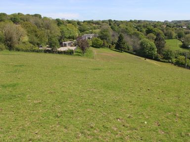 A grassy field with trees and a fenced area surrounding a building at Hilly Field Barn in Yelverton