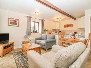 A living room and kitchen area with sofas a wooden coffee table a dining table and kitchen appliances at Hilly Field Barn in Yelverton