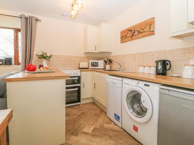A kitchen with appliances including a washing machine dishwasher and oven with countertop and cabinets at Hilly Field Barn in Yelverton