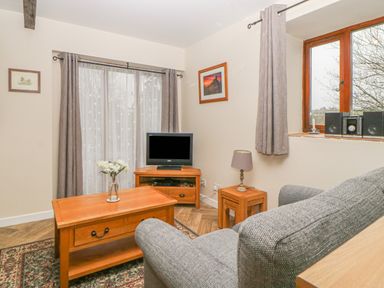 A living room with a gray sofa wooden coffee table with flowers television on a wooden stand and a window at Hilly Field Barn in Yelverton