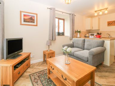 A living area with a gray sofa wooden coffee table and TV stand next to a kitchen at Hilly Field Barn in Yelverton