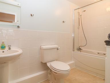 A bathroom with a toilet sink bathtub and shower at Hilly Field Barn in Yelverton