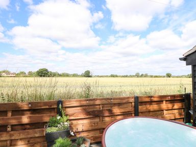 A fenced outdoor area with a hot tub and potted plants overlooking a field under a partly cloudy sky at Cobblers Barn in Repps With Bastwick near Potter Heigham