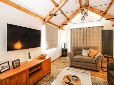 A living room with a wall-mounted television wooden cabinet armchair wood stove and exposed wooden ceiling beams at Cobblers Barn in Repps With Bastwick near Potter Heigham