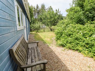 A wooden bench next to a blue wooden building with a gravel path and grassy area with trees and bushes at The Beach Shack in Llansteffan
