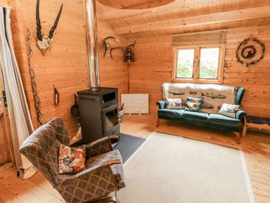 A wooden cabin living room with a wood stove an armchair a green couch and a window at The Beach Shack in Llansteffan