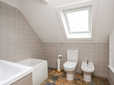 A bathroom with a bathtub toilet bidet and skylight at The Granary - Rhoscolyn in Rhoscolyn