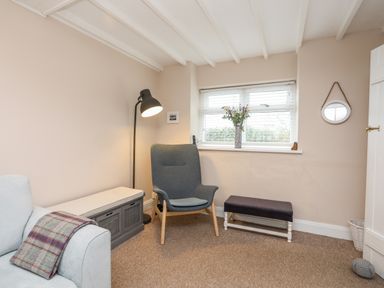 A sitting room with a gray armchair a floor lamp a window with flowers on the sill and a sofa with a blanket at The Granary - Rhoscolyn in Rhoscolyn