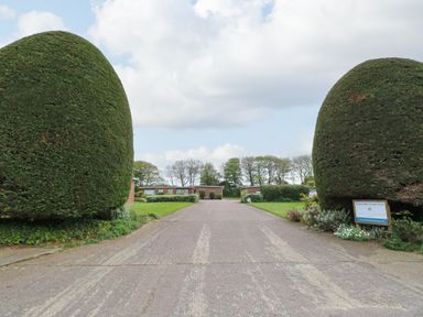 A driveway lined with large shaped bushes leading to single story brick buildings at The Cranny in Mundesley