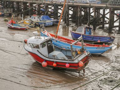 Several small boats resting on muddy ground near a wooden pier at low tide