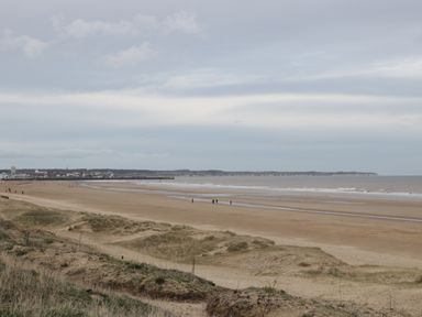 A sandy beach with small groups of people and a distant town skyline at Shore Thing 280 in Wilsthorpe