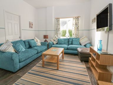A living room with two blue sofas a wooden coffee table a striped rug and a wall mounted television at Gull Cottage in Tintagel