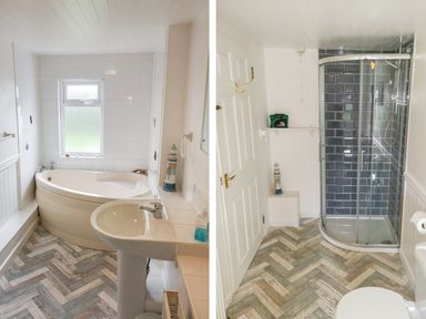 A bathroom with a corner bathtub and sink and another angle showing a shower enclosure and toilet at Gull Cottage in Tintagel