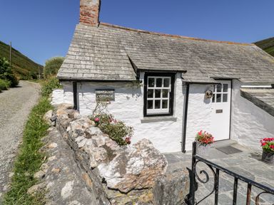 Exterior view of a white cottage with stone roof next to a stone wall and a gravel path at Harbour Cottage in Boscastle