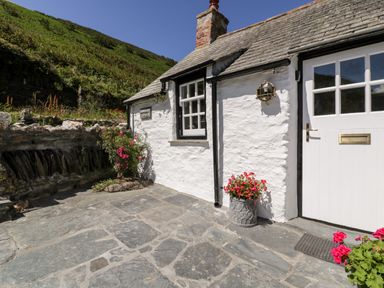 An entrance to a white stone cottage with a white door and flowers in pots at Harbour Cottage in Boscastle
