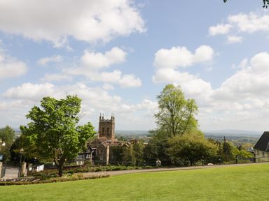 A view of a church tower behind trees with a grassy area and a paved path in the foreground