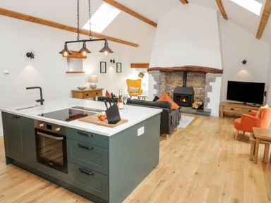 An open plan kitchen and living area with a kitchen island a fireplace and a television at The Shippon in Llanrwst