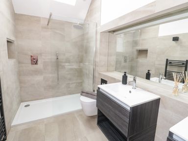 A bathroom with a walk-in shower a sink with cabinet and a mirror at The Shippon in Llanrwst