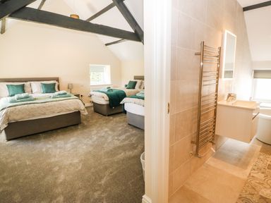 A bedroom with two beds and a bathroom with a sink and towel rack at Trewen Botwnnog near Sarn Meyllteyrn