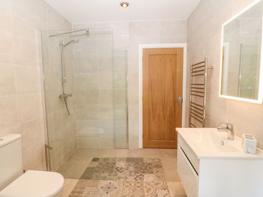 A bathroom with a walk-in shower a toilet a sink with a countertop mirror and a wooden door at Trewen in Botwnnog near Sarn Meyllteyrn