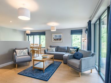 A living room with gray sofas a wooden coffee table blue rug and a dining table at Wildcat Lodge in Feshiebridge near Aviemore