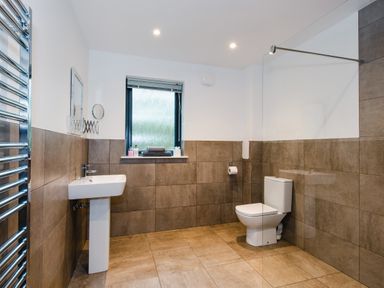 A bathroom with a sink toilet towel rack and a window at Wildcat Lodge in Feshiebridge near Aviemore