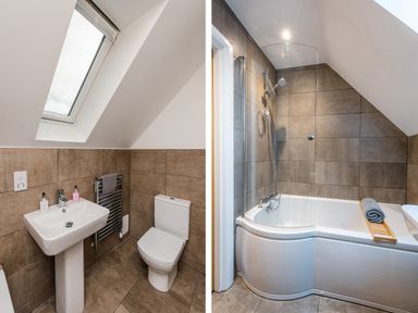A bathroom with a toilet and sink under a skylight and a bathtub with a showerhead and towel rack at Golden Eagle Lodge in Aviemore