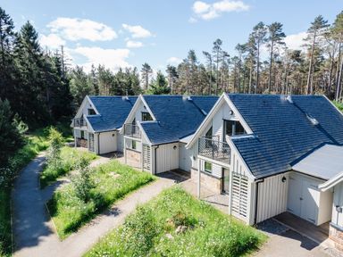 A group of houses with blue roofs and balconies next to a forest at Golden Eagle Lodge in Aviemore