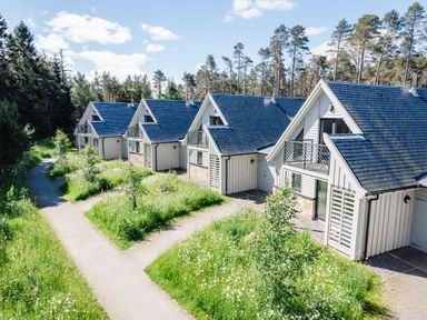 A row of white cabins with blue roofs and small balconies surrounded by grass and trees at Red Deer Lodge in Feshiebridge near Aviemore