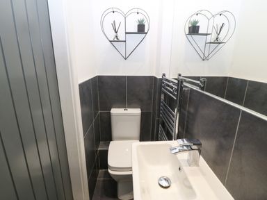 A small bathroom with a toilet a sink a towel radiator and a heart-shaped wall shelf at Arlanfor in Rhosneigr