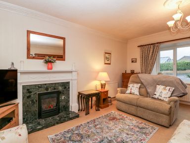 A living room with a sofa a fireplace a television and a patterned rug at Sanderling in Scalby