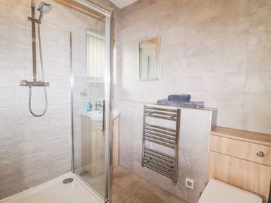 A bathroom with a glass shower enclosure a wall-mounted towel warmer a small mirror and sink at Watersview Lodge in Rudyard near Leek